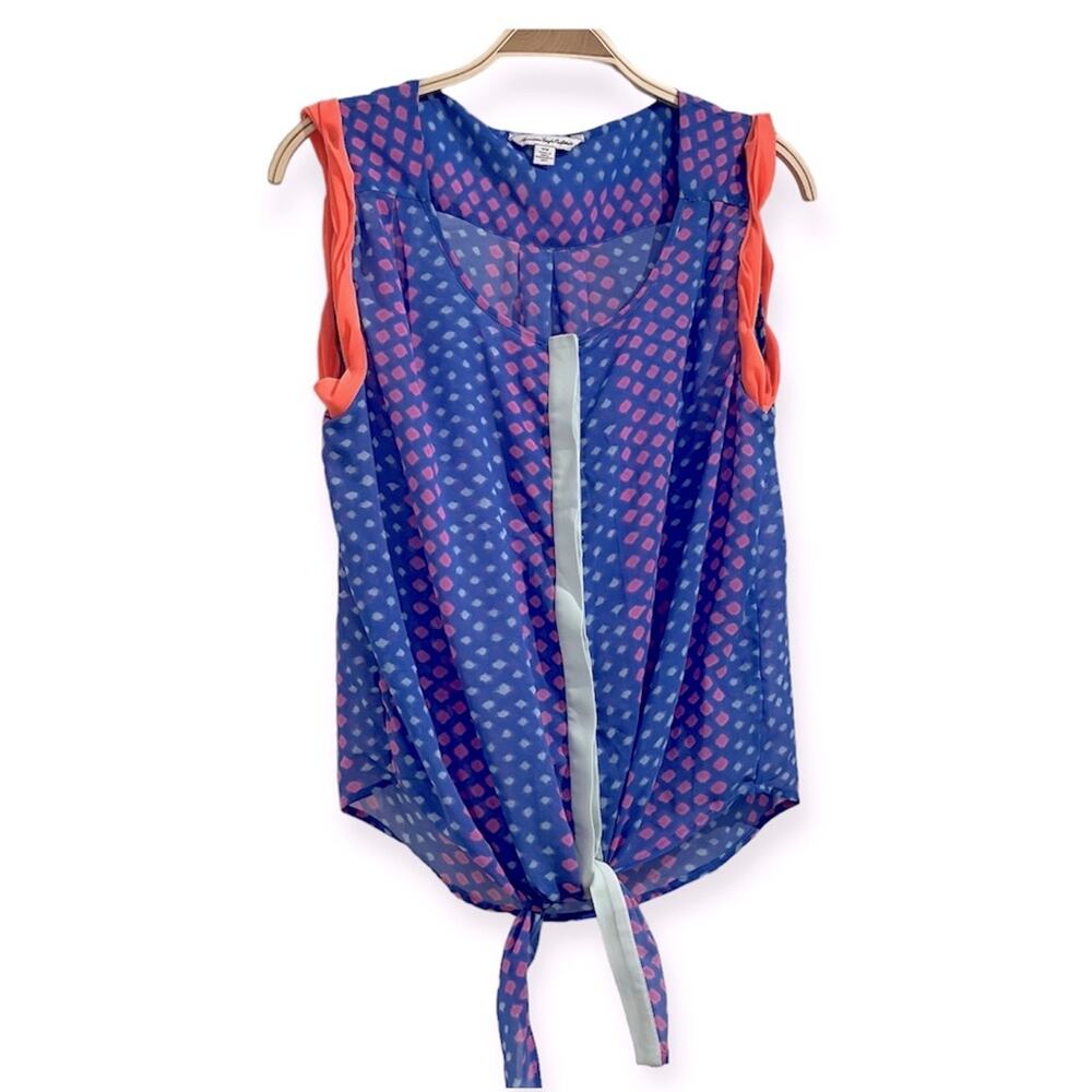 American Eagle Women’s Bright Neon Button Up Sleeveless Tie Blouse Sz M